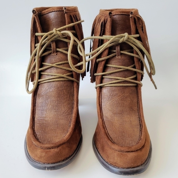 Anthropologie Vanessa Wu Brown Suede Fringed Lace Up Moccasin Booties Size 37 - Picture 4 of 11